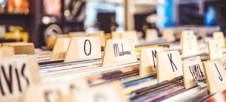 vinyl records with labels in a music store